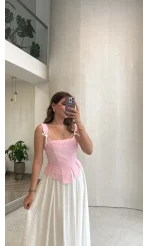 Korse Detay Askılı Crop Bluz - Pembe - Kod: 580930
