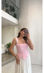Korse Detay Askılı Crop Bluz - Pembe - Kod: 580930