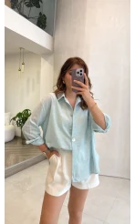 Uzun Kollu Keten Gömlek - Mavi - Kod: 580384