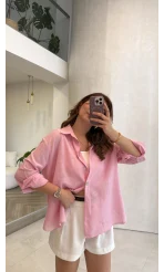 Uzun Kollu Keten Gömlek - Pembe - Kod: 580384