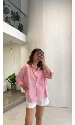 Uzun Kollu Keten Gömlek - Pembe - Kod: 580384