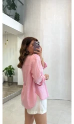 Uzun Kollu Keten Gömlek - Pembe - Kod: 580384