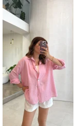 Uzun Kollu Keten Gömlek - Pembe - Kod: 580384