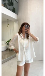 Uzun Kollu Keten Gömlek - Beyaz - Kod: 580384