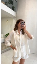 Uzun Kollu Keten Gömlek - Beyaz - Kod: 580384