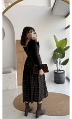 Acı Kahve Deri Askılı Ekose Desenli Elbise