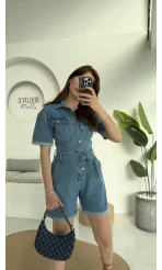 Açık Mavi Kısa Şort Denim Tulum