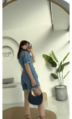 Açık Mavi Kısa Şort Denim Tulum