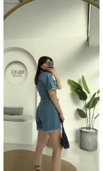 Açık Mavi Kısa Şort Denim Tulum