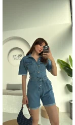 Açık Mavi Kısa Şort Denim Tulum