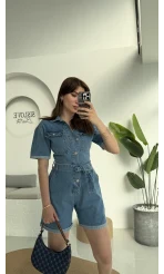 Açık Mavi Kısa Şort Denim Tulum