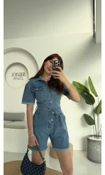 Açık Mavi Kısa Şort Denim Tulum