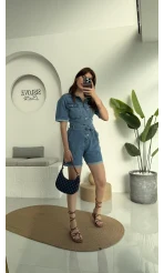 Açık Mavi Kısa Şort Denim Tulum