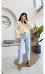 Açık Mavi Yüksek Bel Wide Leg Jean Pantolon - Kod: 1019