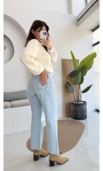 Açık Mavi Yüksek Bel Wide Leg Jean Pantolon - Kod: 1019