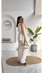 Adel Kuşaklı Asimetrik Bluz Pantolon Takım - Beyaz - 8784