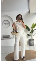 Adel Kuşaklı Asimetrik Bluz Pantolon Takım - Beyaz - 8784