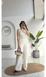 Adel Kuşaklı Asimetrik Bluz Pantolon Takım - Beyaz - 8784