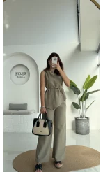Adel Kuşaklı Asimetrik Bluz Pantolon Takım - Haki - 8784