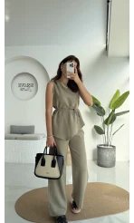 Adel Kuşaklı Asimetrik Bluz Pantolon Takım - Haki - 8784