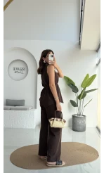Adel Kuşaklı Asimetrik Bluz Pantolon Takım - Kahve - 8784