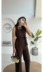 Adel Kuşaklı Asimetrik Bluz Pantolon Takım - Kahve - 8784