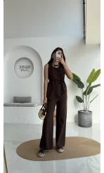 Adel Kuşaklı Asimetrik Bluz Pantolon Takım - Kahve - 8784