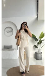 Adel Kuşaklı Asimetrik Bluz Pantolon Takım - Natural - 8784