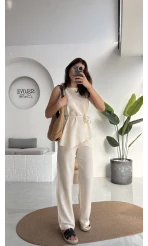 Adel Kuşaklı Asimetrik Bluz Pantolon Takım - Natural - 8784