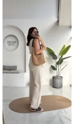Adel Kuşaklı Asimetrik Bluz Pantolon Takım - Natural - 8784