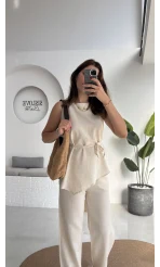 Adel Kuşaklı Asimetrik Bluz Pantolon Takım - Natural - 8784