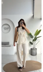 Adel Kuşaklı Asimetrik Bluz Pantolon Takım - Natural - 8784