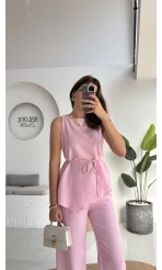 Adel Kuşaklı Asimetrik Bluz Pantolon Takım - Pembe - 8784