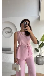 Adel Kuşaklı Asimetrik Bluz Pantolon Takım - Pembe - 8784