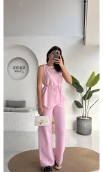 Adel Kuşaklı Asimetrik Bluz Pantolon Takım - Pembe - 8784