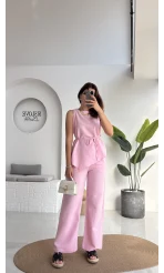 Adel Kuşaklı Asimetrik Bluz Pantolon Takım - Pembe - 8784