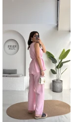 Adel Kuşaklı Asimetrik Bluz Pantolon Takım - Pembe - 8784