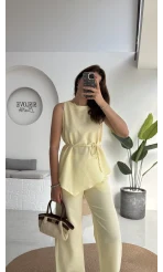 Adel Kuşaklı Asimetrik Bluz Pantolon Takım - Sarı - 8784