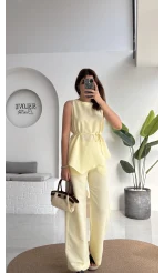 Adel Kuşaklı Asimetrik Bluz Pantolon Takım - Sarı - 8784