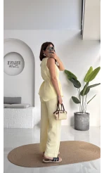 Adel Kuşaklı Asimetrik Bluz Pantolon Takım - Sarı - 8784