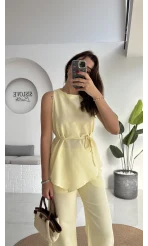 Adel Kuşaklı Asimetrik Bluz Pantolon Takım - Sarı - 8784