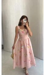 Adira Askılı Kuşaklı Çiçek Desenli Elbise - Pembe - Kod: 3207