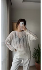 Ajurlu Uzun Krem Triko