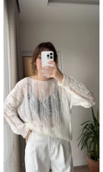 Ajurlu Uzun Krem Triko