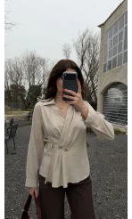 Aksesuar Detay Kimono Gömlek - Taş - Kod: 2203