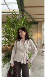 Aksesuar Detay Kimono Gömlek - Taş - Kod: 2203