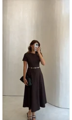 Aksesuar Kemerli Denim Elbise - Kahverengi - Kod: 1056