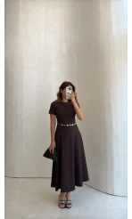 Aksesuar Kemerli Denim Elbise - Kahverengi - Kod: 1056