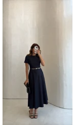 Aksesuar Kemerli Denim Elbise - Lacivert - Kod: 1056