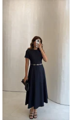 Aksesuar Kemerli Denim Elbise - Lacivert - Kod: 1056